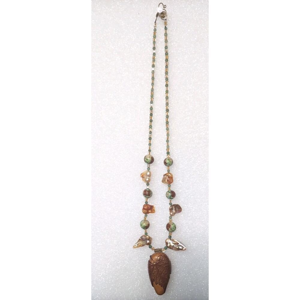Handmade Boho Carved Wood Leaf Pendant Artisan Necklace 12"